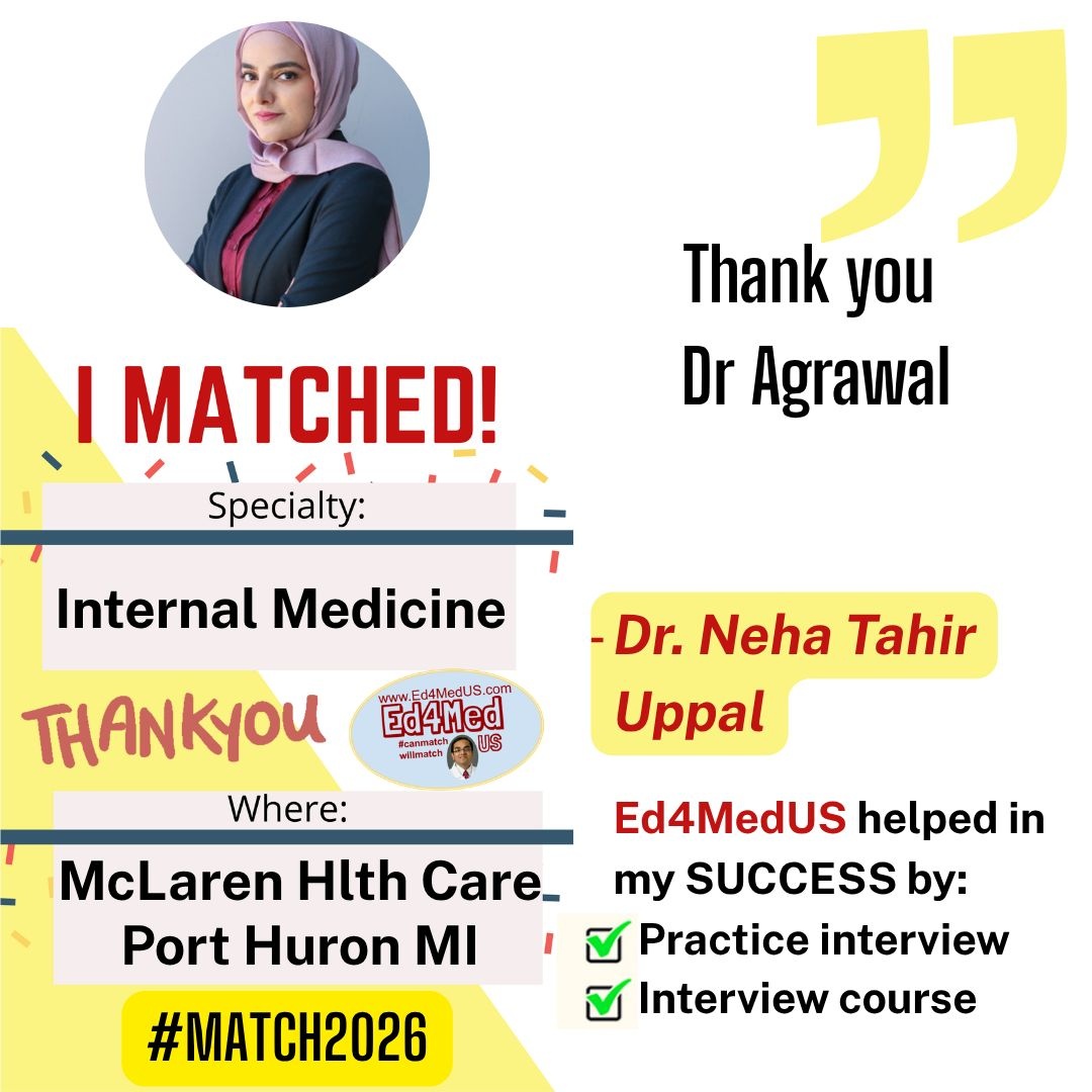 Ed4MedUS's tweet image. Congrats #Match2026 doctors! @neha_up94

If you want to be featured in #Match2027, contact @Ed4MedUS today!

#Match2027 #ECFMG #IMG #ResidencyInterview #residency #USMLE #Personalstatement #Match2026