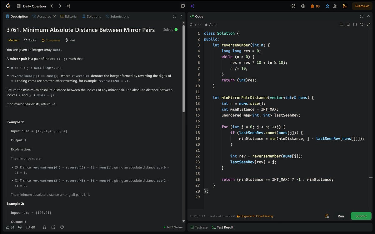 PankajB42550's tweet image. 🚀 Solved: Minimum Absolute Distance Between Mirror Pairs (@LeetCode Daily)

Traverse array, store last index of reverse(nums[i]). When nums[j] found in map, compute min distance.

📊▹ O(n) | O(n)
🔥 #Day80/90

#LeetCode #DSA #HashMap #Array #Mirror #ProblemSolving #CPlusPlus