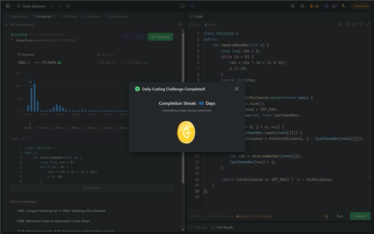 PankajB42550's tweet image. 🚀 Solved: Minimum Absolute Distance Between Mirror Pairs (@LeetCode Daily)

Traverse array, store last index of reverse(nums[i]). When nums[j] found in map, compute min distance.

📊▹ O(n) | O(n)
🔥 #Day80/90

#LeetCode #DSA #HashMap #Array #Mirror #ProblemSolving #CPlusPlus