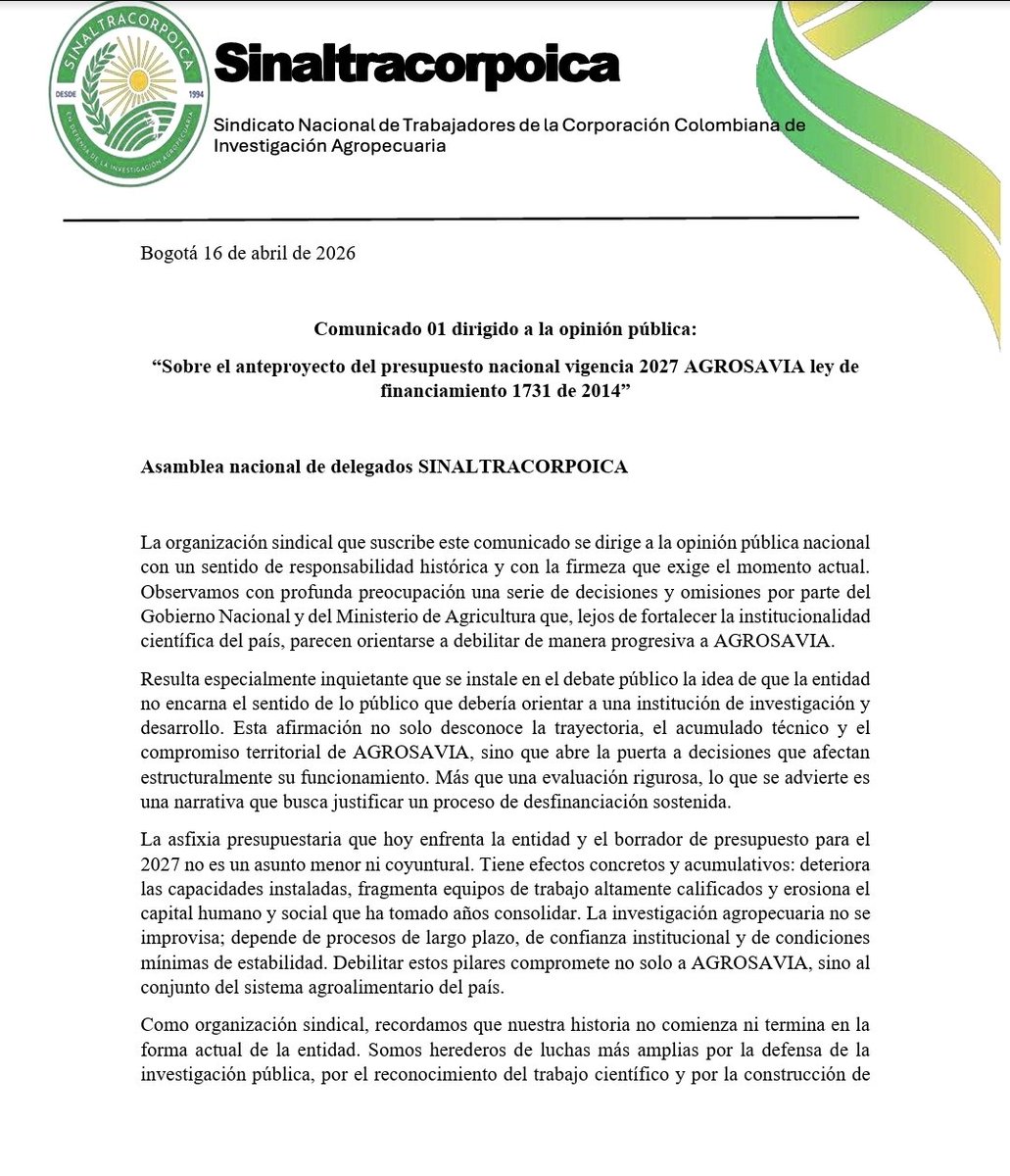 Sinaltracorpo's tweet photo. Comunicado de SINALTRACORPOICA a la opinión pública https://t.co/VlmXh0FeFj