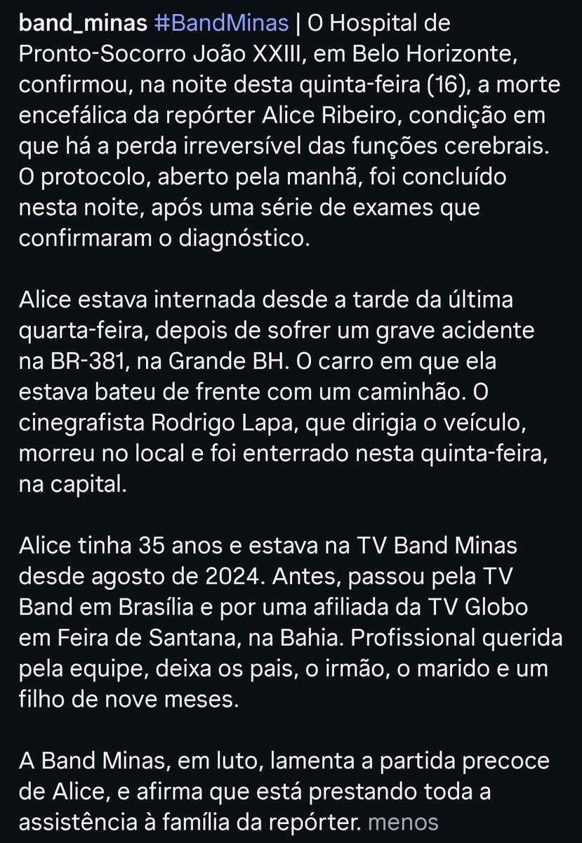 A Band Minas acaba de confirmar a morte da Repórter Alice Ribeiro.

Nossos sentimentos aos familiares, amigos e colegas de trabalho e profissão.

🖤😭