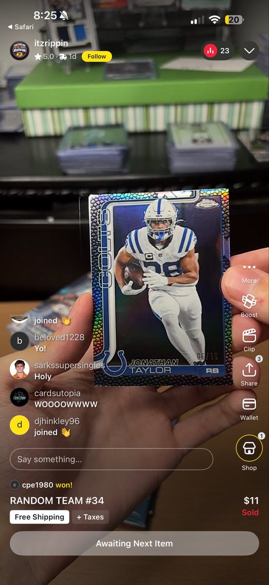 JonathonGoad's tweet photo. Not a bad day! Found 4 2025 NFL Topps Chrome hanger boxes at DSG and hit the Gold Wave /50 @gkittle46 George Kittle. Jumped on a Whatnot break (first time on app) for two blaster boxes and hit the @JayT23 Jonathan Taylor Black Leather Football /10! Insanity! 
@Topps #ad #NFL https://t.co/tV9ps3dzdR