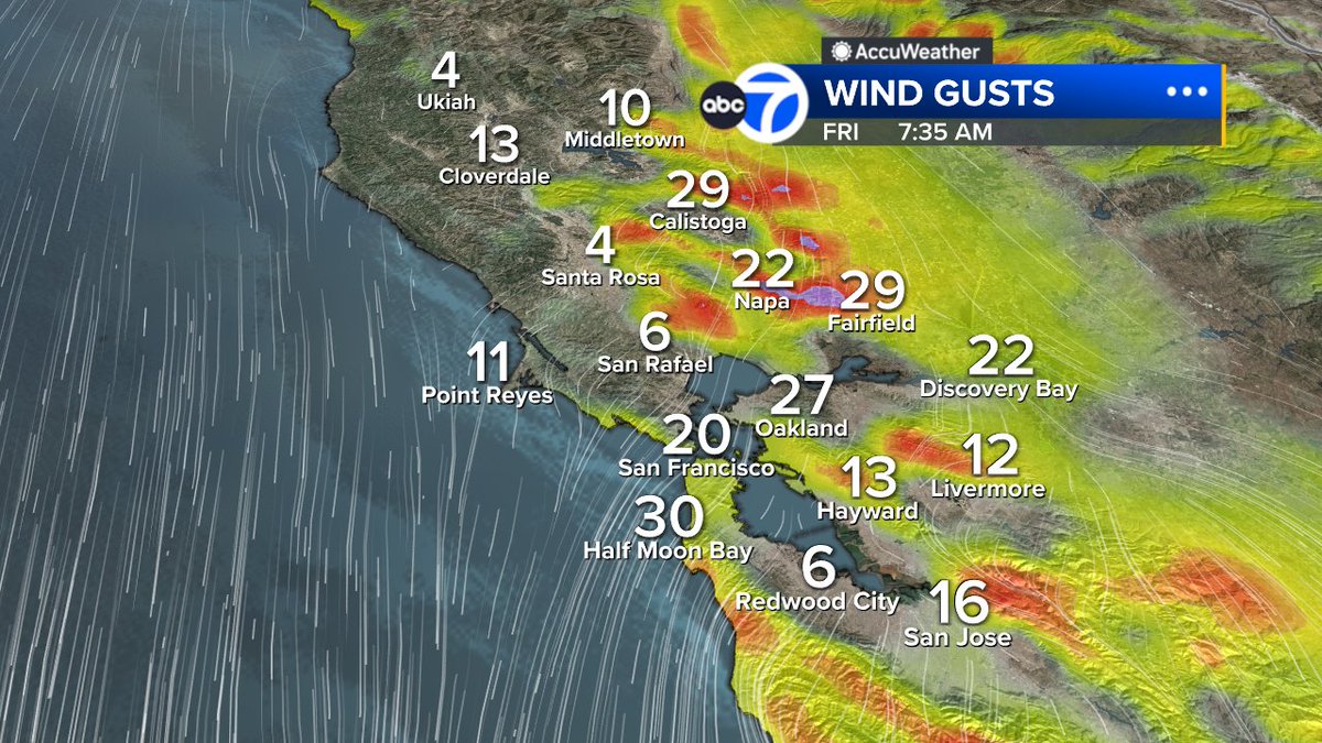 SandhyaABC7's tweet image. WIND FORECAST: Stays gusty through tomorrow AM &amp;amp; then, winds relax in the PM.  It will be sunny &amp;amp; milder!  Rain returns Monday!  #SanFrancisco #BayArea #CAwx #forecast