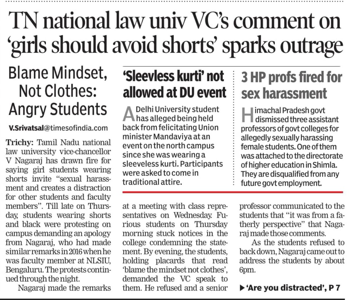 SVatsal14825's tweet image. Tamil Nadu National law University students protest VC’s ‘girls should avoid shorts’ sexist remark; VC defends it as ‘fatherly advice’. #TOI