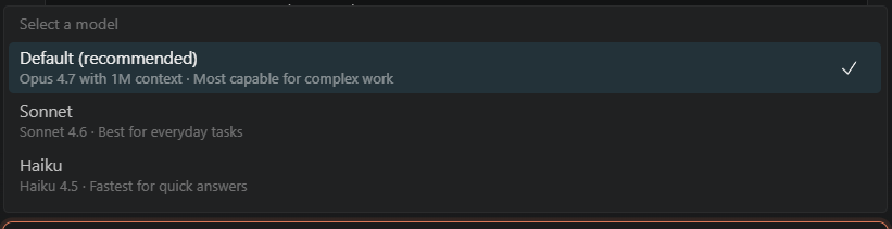 VSCodeを使っているけど、Claude CodeのEffortがまた勝手に戻っていた。アップデートの影響かもしれない。確認してみてください。

そして、DefaultがOpus 4.7に切り替わっていた😀