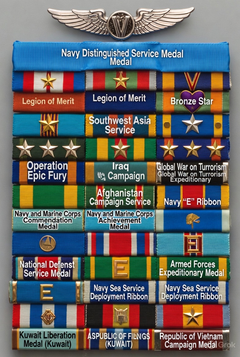 That huge ribbon rack is a standard (but very full) US Navy officer's ...