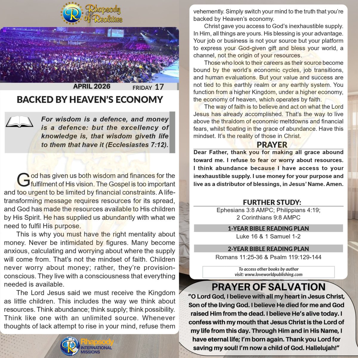 BACKED BY HEAVEN 's ECONOMY

📖For wisdom is a defence, and money is a defence: but the excellency of knowledge is, that wisdom giveth life to them that have it (Ecclesiastes 7 :12).

God has given us both wisdom and finances for the fulfilment of His vision. The Gospel is too