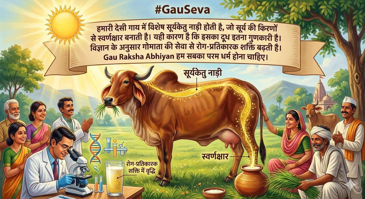 हमारी Desi Gaay में विशेष सूर्यकेतु नाड़ी होती है, जो सूर्य की किरणों से स्वर्णक्षार बनाती है। यही कारण है कि इसका दूध इतना गुणकारी है। विज्ञान के अनुसार गोमाता की सेवा से रोग-प्रतिकारक शक्ति बढ़ती है। Gau Raksha Abhiyan हम सबका परम धर्म होना चाहिए। #GauSeva