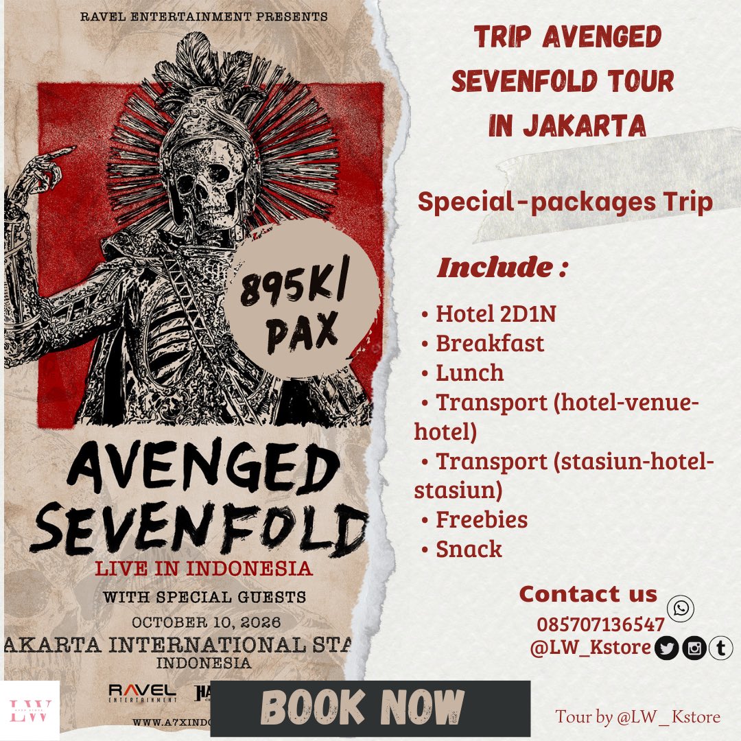 OPEN TRIP AVENGED SEVENFOLD  LIVE IN JAKARTA 2026

Special Packages
Hi sevenfoldism fans yg dariluar daerah ataupun luar pulau yukk join trip dsini 🫶🏼 
gausah bingung &amp; khawatir masalah akomodasi dll kalian cukup nikmatin konsernyaa ajaa 🙌🏻🙌🏻

Tags wts wtb a7x avengers tiket trip