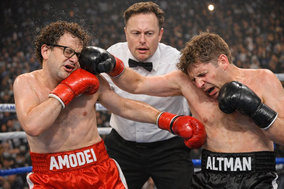 Captionella's tweet image. #openai and #anthropic 

The punch-up leading to those IPOs is getting sillier by the day…and that ref definitely looks unbiased!

At least when it happens, that pair trade will be the bomb…short $OPAI - long $ANTH and the constant headline flips.