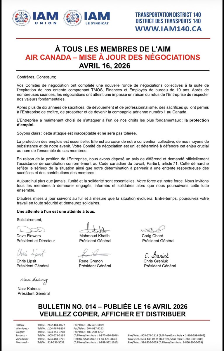 AIR CANADA – MISE À JOUR DES NÉGOCIATIONS AVRIL 16, 2026 iam140.ca/?p=33752&lang=… #IAM #syndicat #travail #D140 #AirCanada #canada #TMOS
