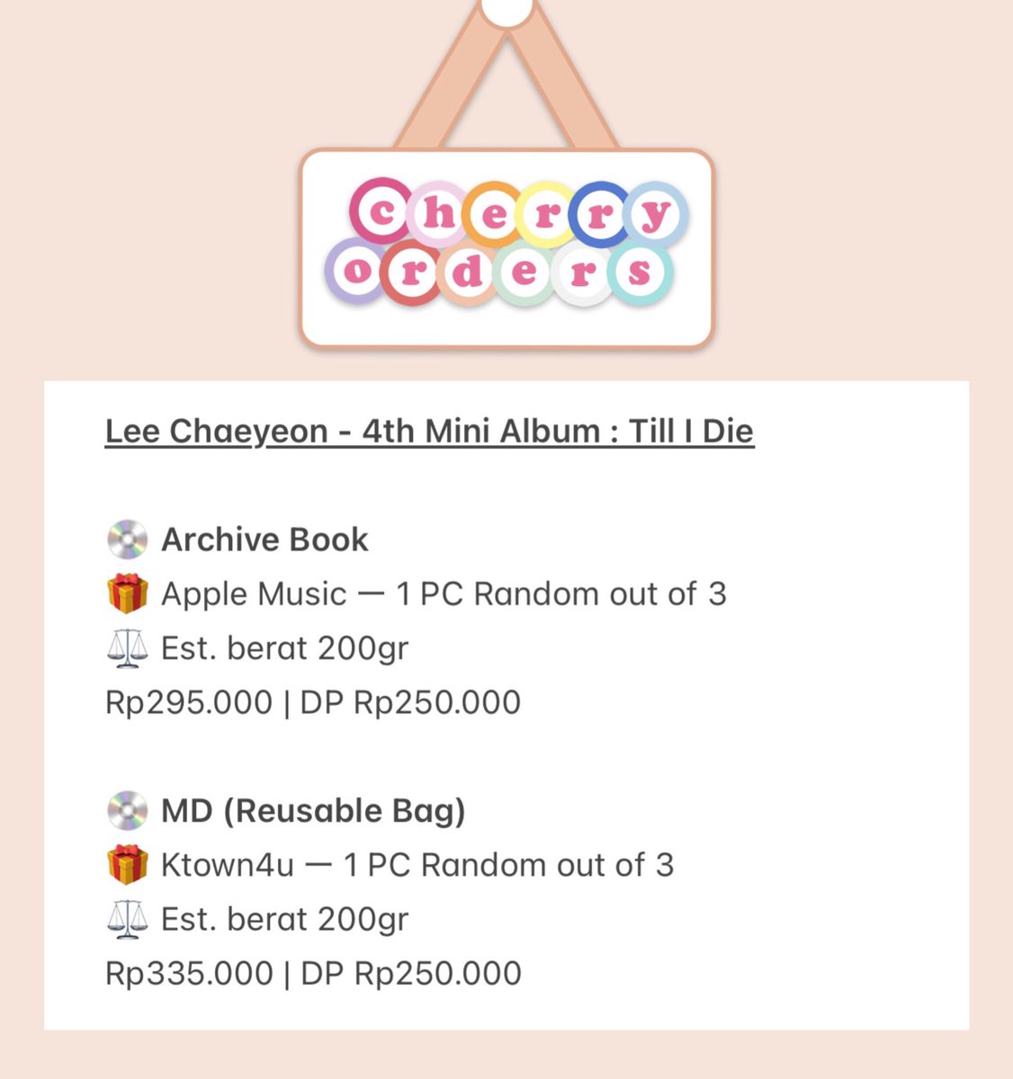 cherryorders's tweet photo. [INA GO] Lee Chaeyeon - 4th Mini Album : Till I Die

✅ EMS+Tax
✅ GO LINE
⏰ FAST PO s.d. 18 APR 23:59WIB

Order: https://t.co/3iy7HoVaOI  

#이채연 #LEECHAEYEON 
🖇 #cherryz_orderlist https://t.co/IgdDLOGYkK