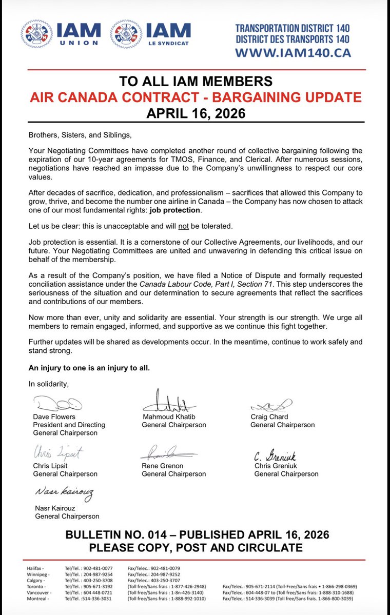 AIR CANADA CONTRACT – BARGAINING UPDATE APRIL 16, 2026 iam140.ca/?p=33756 #IAM #union #canada #D140 #labour #AirCanada #TMOS