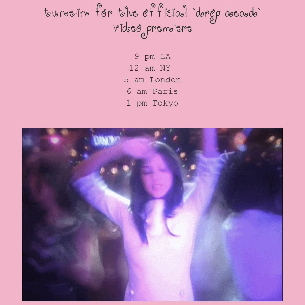 ┏━🩷━━━━🩷━━━━🩷━┓
🩷  𝐎𝐍𝐋𝐘 2️⃣ 𝐇𝐎𝐔𝐑𝐒 𝐋𝐄𝐅𝐓!!!!! 🩷
┗━🩷━━━━🩷━━━━🩷━┛

本日13時新曲リリース＆MV公開！

#オリヴィア・ロドリゴ
新作アルバムからのファーストシングル「drop dead」が日本時間本日13時にリリース＆ミュージック・ビデオがプレミア公開予定🩷