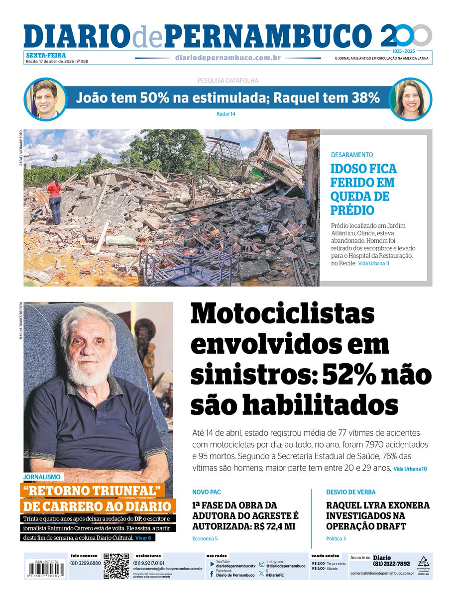 DiarioPE's tweet image. Veja a Primeira Página do Diario de Pernambuco desta sexta-feira, 17 de abril de 2026.

Assine a versão digital do Diario em assineodiario.com.br

#Pernambuco #PE #DP #DiariodePernambuco