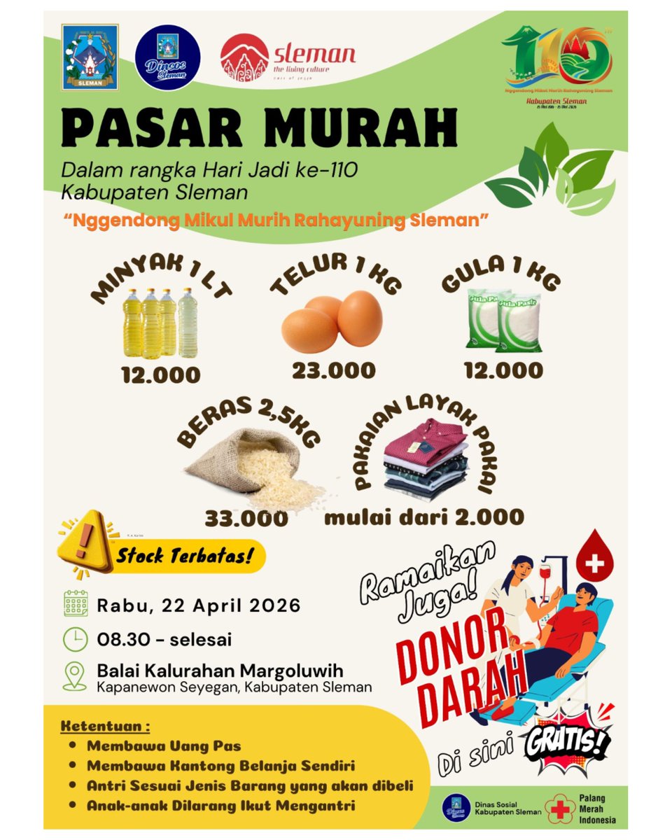 Margoluwih_'s tweet image. Pasar Murah dan Donor darah dalam rangka Hari Jadi ke-110 Kabupaten Sleman. 

#PasarMurah #DonorDarah