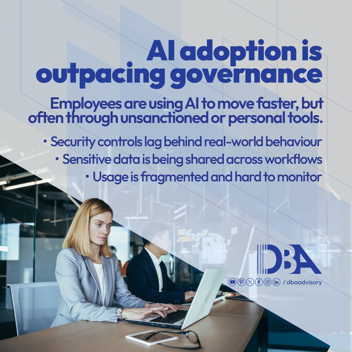 dbaadvisory's tweet photo. DBA helps organisations bring structure to AI usage, ensuring visibility, control, and compliance across technology environments. Secure innovation, enable scale, visit  https://t.co/DPZjyT1CGe

#DBAAdvisory #Technology #Infrastructure #CyberSecurity #AI #DataGovernance https://t.co/Fr0pKGBgAb