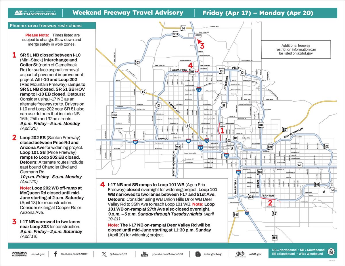 Two closures scheduled this weekend in metro Phoenix for a
