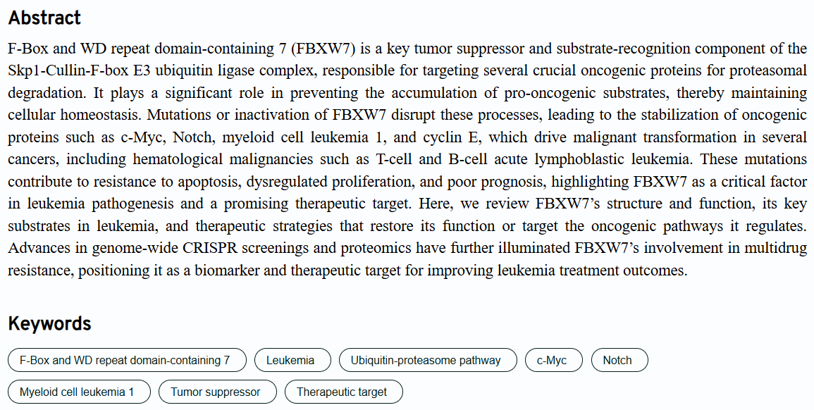 TumorD21400's tweet image. Review Collection
📢FBXW7 in leukemia: A critical regulator of oncogenic stability and a potential therapeutic target
👉accscience.com/journal/TD/4/3…
#Leukemia #pathway #cMyc #Notch