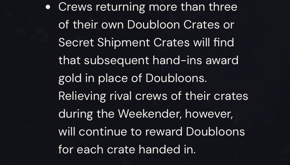 So this is an absolute lie.

Even when STOLEN from other crews, just like the change log stated, every crate past the limit just gives gold. So they genuinely did just make a 4 day long event for 3 voyages.

Unreal.