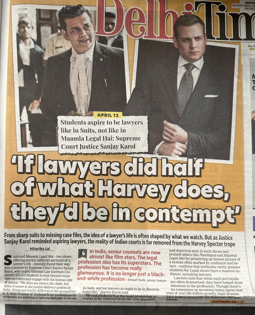 Supreme Court Justice Sanjay Karol’s strong message to law students:
“If lawyers did half of what Harvey does in Suits, they’d be in contempt!
He said students dream of becoming glamorous lawyers like in the TV show Suits — sharp suits, big offices, quick wins.
But real Indian