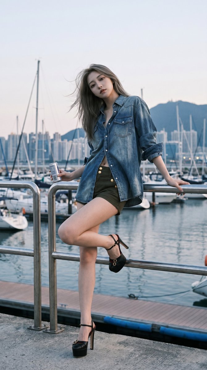 Harbor air and denim in one clean frame. Soft dusk, sharp heels, and a ...