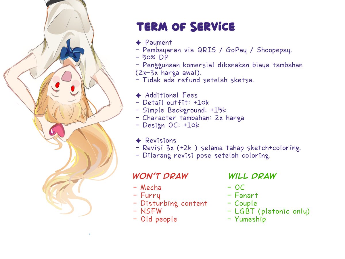 COMMISSION OPEN🌷(Local Only)
Like and RT are appreciated✨
Slot 0/5
Pertamakali open cms di twt, jadi aku kasi harga segini dulu dari harga asli, berlaku untuk 5 orang saja

Cek reply untuk lebih banyak samples👇🏻

#commissionopen #artidn