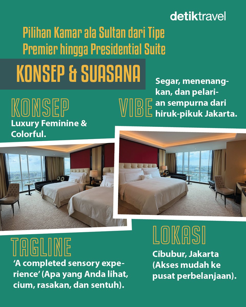 detikTravel's tweet photo. Staycation rasa sultan!
Mulai dari Premier Room sampai Presidential Suite, semua dirancang dengan vibe luxury yang colorful dan super calming. Cocok buat kabur sejenak dari hectic-nya Jakarta.
Siap upgrade staycation kamu?
#detiktravel #Staycation #Nginap #TransHotelJakarta https://t.co/uwSeWlX32G