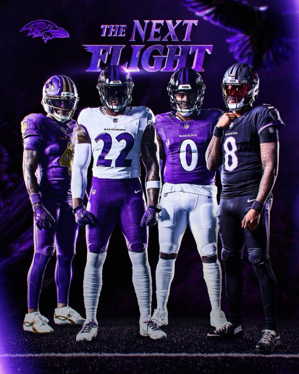 iamibtaihaj08's tweet photo. 🚨 Ravens ‘The Next Flight’ uniforms are HERE!
Iridescent purple feathers, talon pants, new matte black helmet with red-eyed raven, and ‘Baltimore’ on the white jersey.
26 years in the making. Let’s fly! 🐦⬛✨
#RavensFlock #NextFlight" https://t.co/PueoenInKR