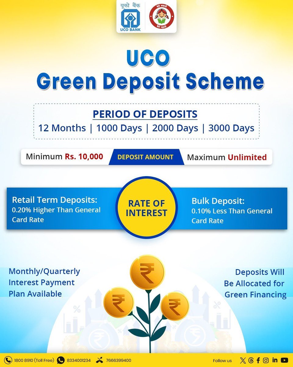 UCOBankOfficial's tweet image. 🌱 Grow your savings while growing a greener tomorrow!

Invest in UCO Green Deposit Scheme and earn attractive returns while supporting sustainable initiatives. 💚

Start with just ₹10,000 &amp;amp; make a difference today!

#UCOBank #GreenDeposits #SustainableFuture #InvestSmart
