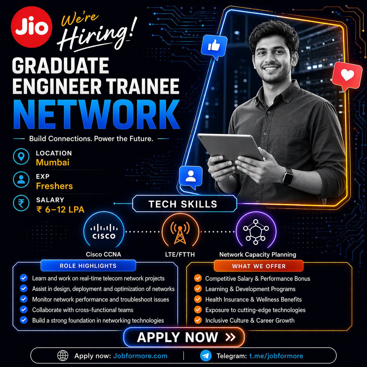 jobformore's tweet image. 📡 Network Trainee @ Jio!

📍 Mumbai

🎓 BTech Freshers

🔥 CCNA + LTE

💰 INR 6–12 LPA

Digital India! 🇮🇳

#Jio #Networking #MumbaiJobs #Freshers #Jobformore

Apply: jobformore.com/jobs/jio-hirin…