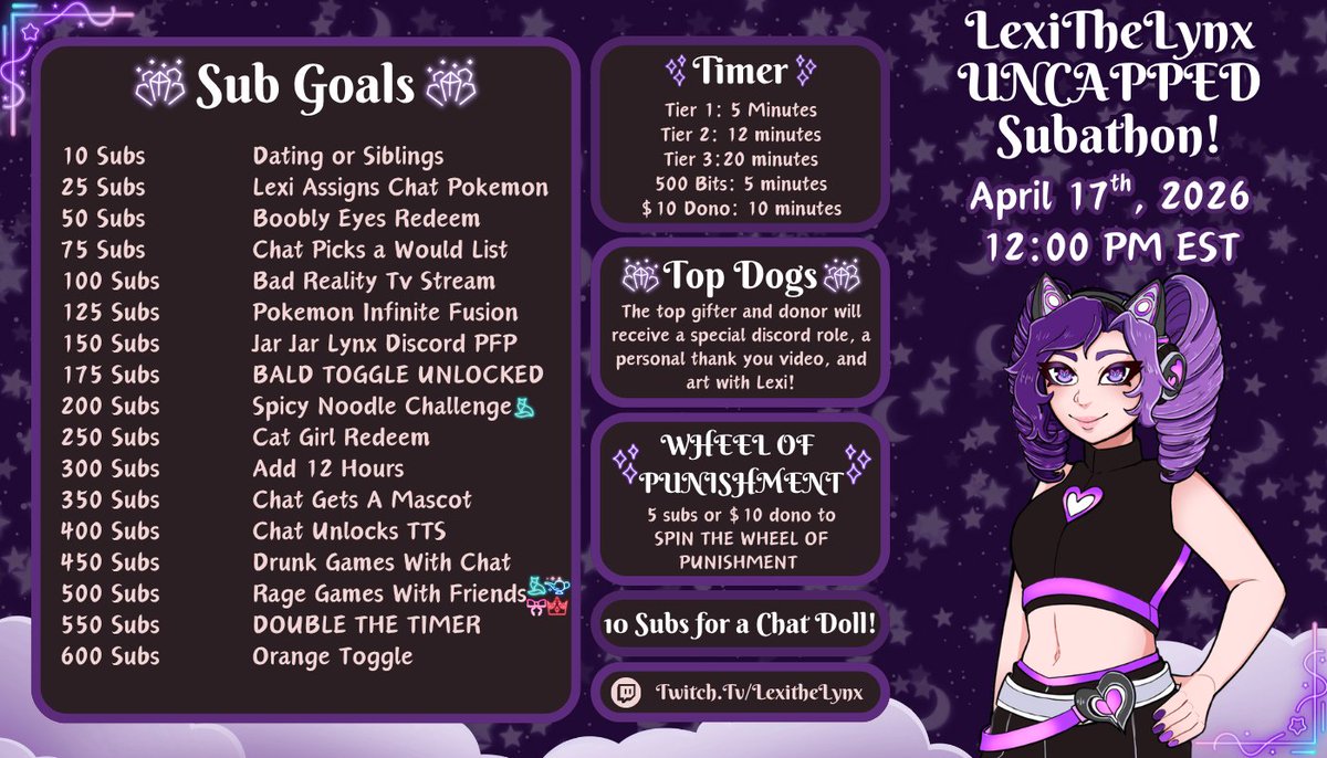 lexithelynx's tweet photo. MY SUBATHON AND DEBUT STARTS IN 30 MINUTES AND HERE ARE THE GOALS! COME BY, SAY HI, SPIN THE PUNSHMENT WHEEL, AND DONT FORGET TO GET A CHAT DOLL! https://t.co/eemJItxU1C