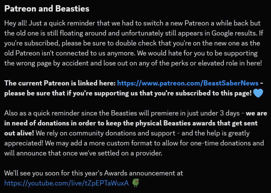 BeastSaberNews's tweet photo. Semi important note reposted from Discord:
If you're supporting us on Patreon, be sure you're actually supporting us here: https://t.co/HzABL47Lqk
Thank you to those that do! It goes a long way for the Beasties awards! 💙 https://t.co/9aPToOLhk7