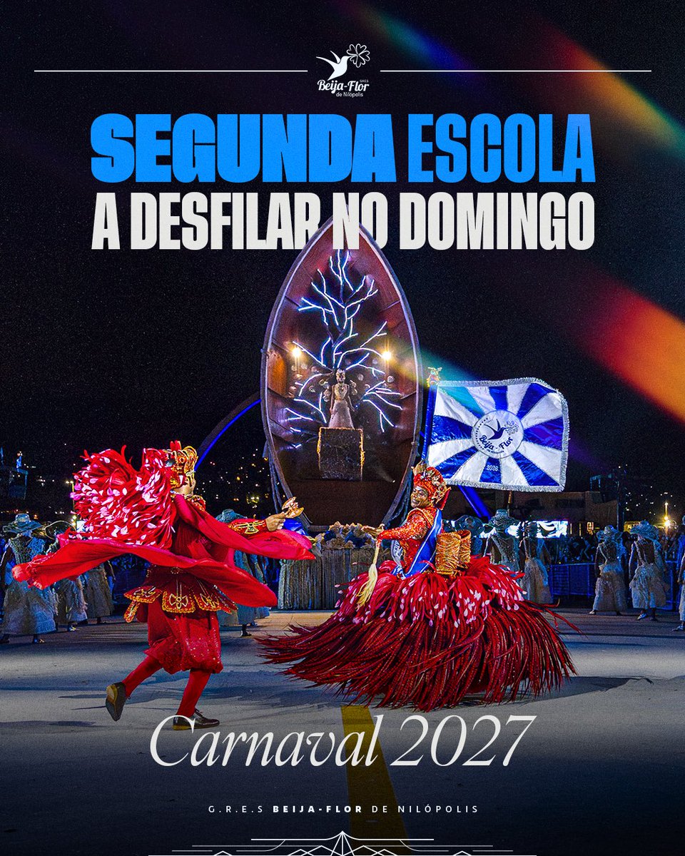 Seremos a segunda escola a desfilar no domingo de carnaval em 2027. 

Vamos com tudo, comunidade! 🍃💙