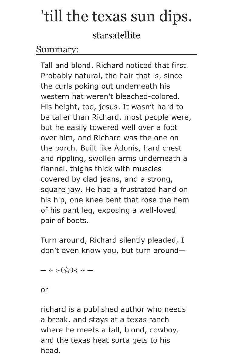 starsatellitee's tweet image. ‘till the texas sun dips.

starkness cowboy &amp;amp; writer au ☀️📚 first chapter is posted !!

archiveofourown.org/works/83263586…