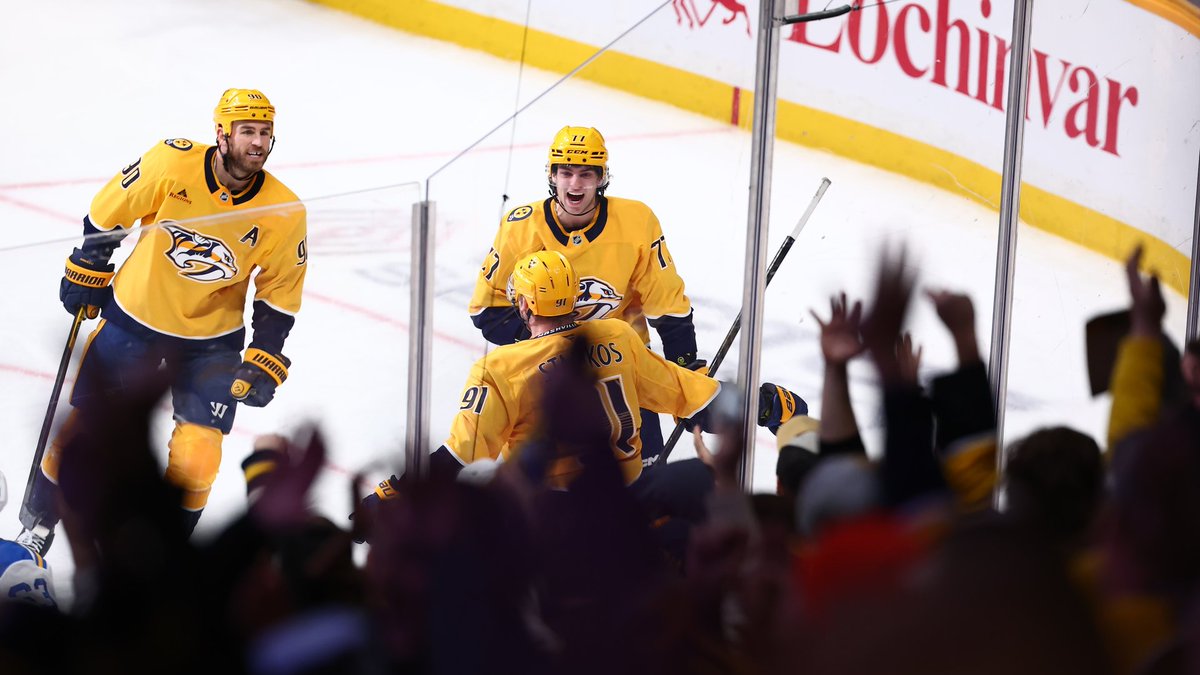 PredsNHL's tweet photo. For being our 7th man all season long, thank you Smashville 💛 https://t.co/uUm1QaPdzB
