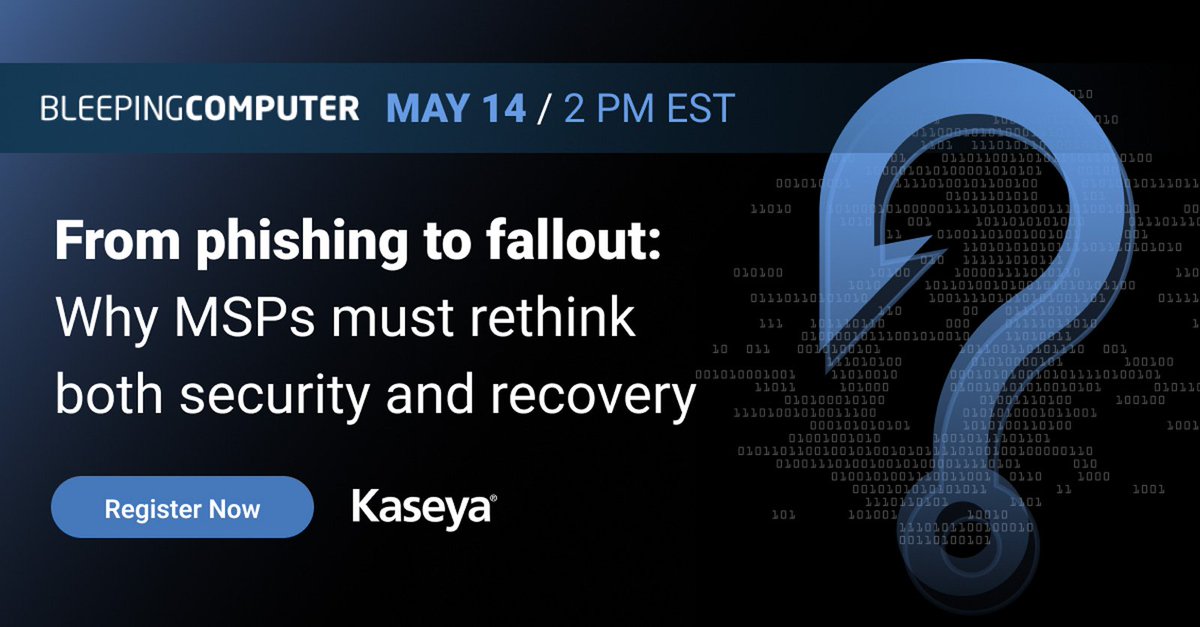 BleepinComputer's tweet image. 🚨 Cyberattacks don’t stop at detection—and neither should your defenses.

Join us for a webinar with @KaseyaCorp to learn how MSPs stay ahead of AI phishing, ransomware, &amp;amp; data loss by combining security and recovery.

🎯 Register: event.on24.com/wcc/r/5301783/…
#cybersecurity #webinar