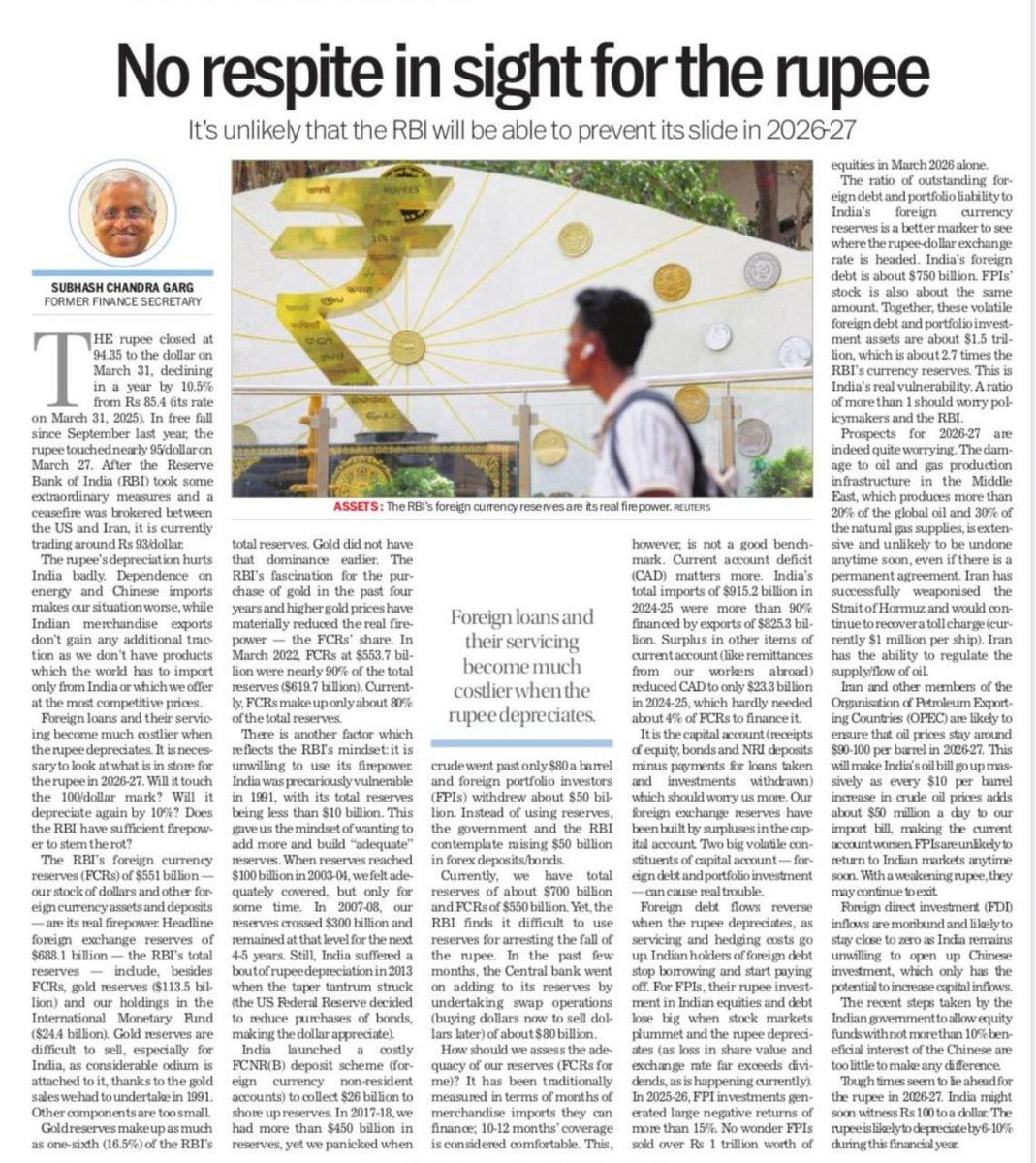 SushantSin's tweet photo. Former Finance Secy: "Tough times seem to lie ahead for the rupee in 2026-27. India might soon witness Rs 100 to a dollar. The rupee is likely to depreciate by 6-10% during this financial year." https://t.co/DtQwamhdg1