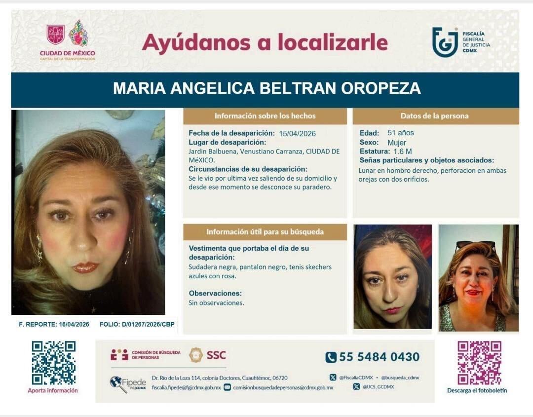 AztecaNoticias's tweet photo. #DóndeEstá | María Angélica Beltrán Oropeza, de 51 años de edad, desapareció el 15 de abril de 2026, en la colonia Jardín Balbuena, en la alcaldía Venustiano Carranza, #CDMX, tras salir de su domicilio.

Si cuentas con información que ayude a dar con su paradero no dudes en acercarte con las autoridades.
