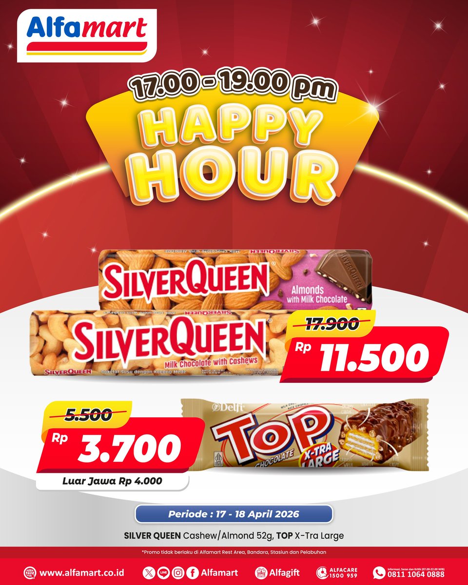 katalogpromosi's tweet image. Panggilan buat pecinta cokelat! 🍫✨ 
Happy Hour Alfamart mulai jam 17.00 sore ini.

SilverQueen cuma 11 ribuan, TOP cuma 3 ribuan. 
✅ jam 5 sore - 7 malem
✅ 17-18 April 2026

Info selengkapnya klik di sini 👉 katalogpromosi.com/promo-alfamart…
#HappyHourAlfamart #FlashSale #PromoAlfamart