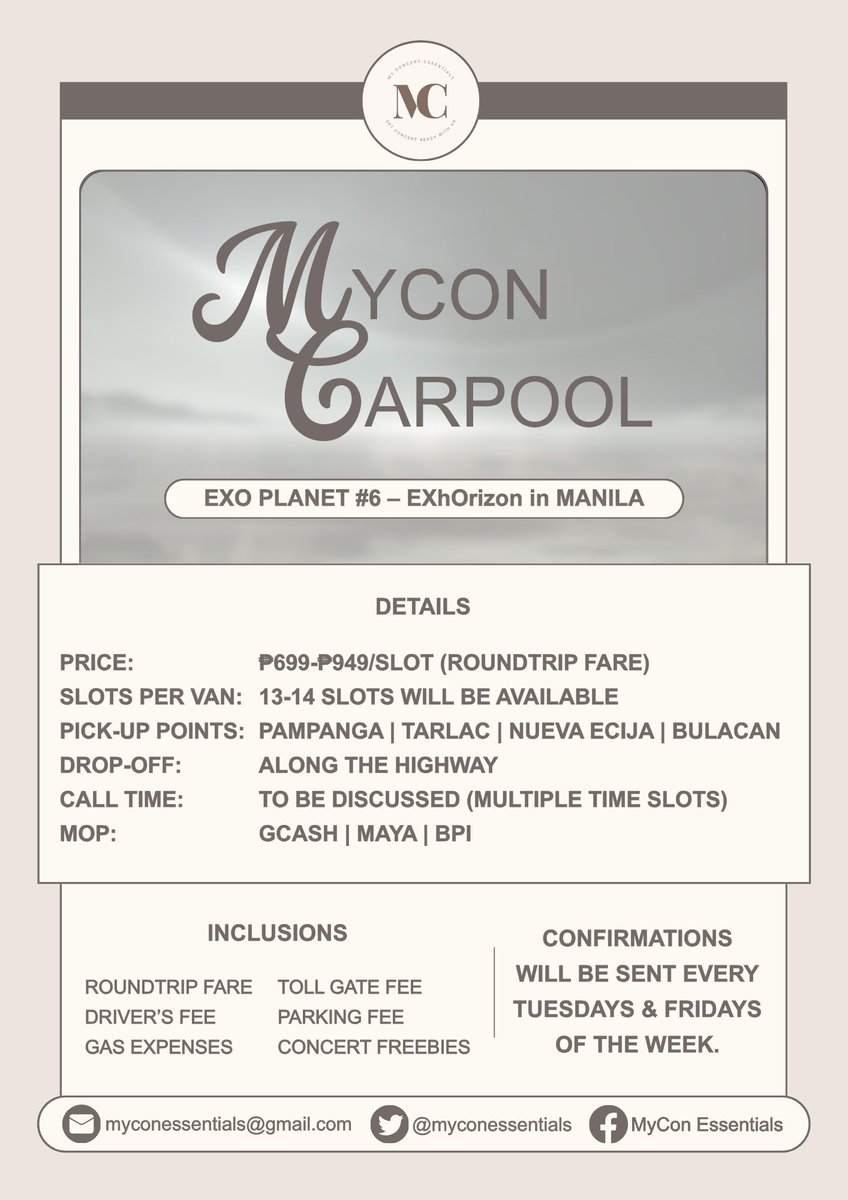 myconessentials's tweet photo. WTS LFB PH

EXO PLANET 6 EXhOrizon in Manila Carpool

📍Pampanga | Tarlac | Nueva Ecija | Bulacan

Further details are posted below. 

If you wish to avail slot/s, kindly fill out this form: https://t.co/gBRHCbl5WY

🏷️ vanpool service moa arena

#EXO #EXOPLANET #EXhOrizoninMANILA https://t.co/N8KhbQN9A3