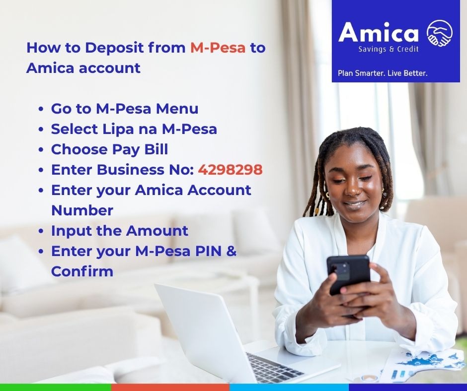 Amicacs's tweet photo. Your money, your convenience. Deposit to your Amica account in just a few simple steps, anytime and from anywhere using M-Pesa. Stay in control of your finances with ease.
https://t.co/aQjlEPKUhg
#bankwithease
#digitalbanking
#paybill
#sacconiamica https://t.co/RlfVqVHsyx