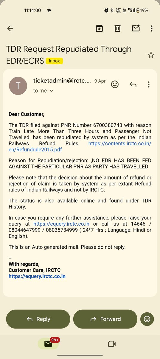 AgnikSaha's tweet photo. Extremely disappointed with Indian Railways. Train delayed 6+ hrs (18 Mar). Left Malda 2:49 PM. Missed NTPC Exam in Siliguri (3 PM). Filed TDR 10:23 AM, yet rejected claiming "Party Travelled", 
PNR: 6700380743
eQuery: 832882385220341453
@RailwaySeva @IRCTCOfficial @drm_malda https://t.co/4osAboQAnZ