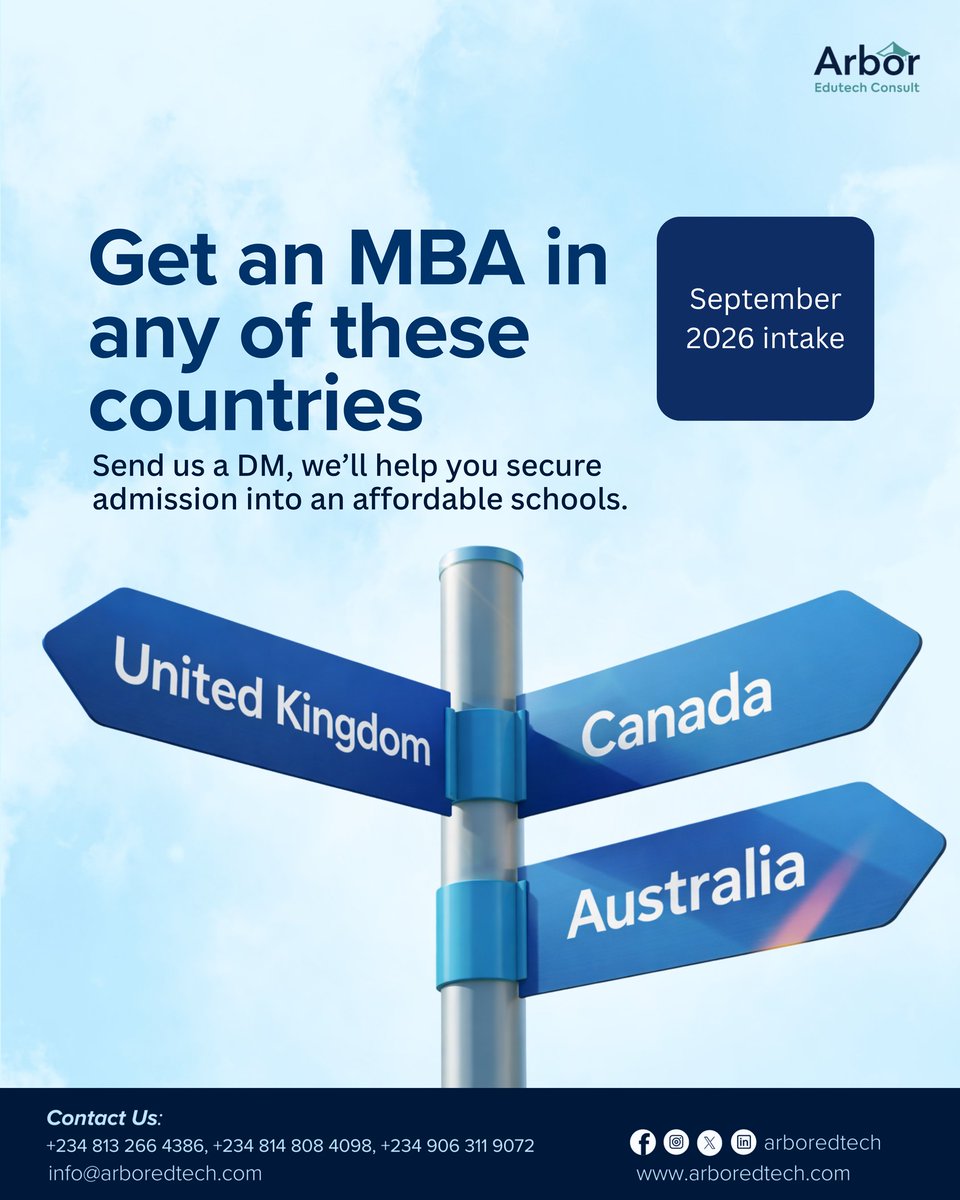 ArborEdtech's tweet photo. Take your career global with an MBA 🌍

Study in top destinations like the United Kingdom, Canada, or Australia and gain the skills that set you apart anywhere in the world.

📅 September 2026 Intake
🎓 Affordable schools available

Send us a DM today . https://t.co/C7ty0uswE1