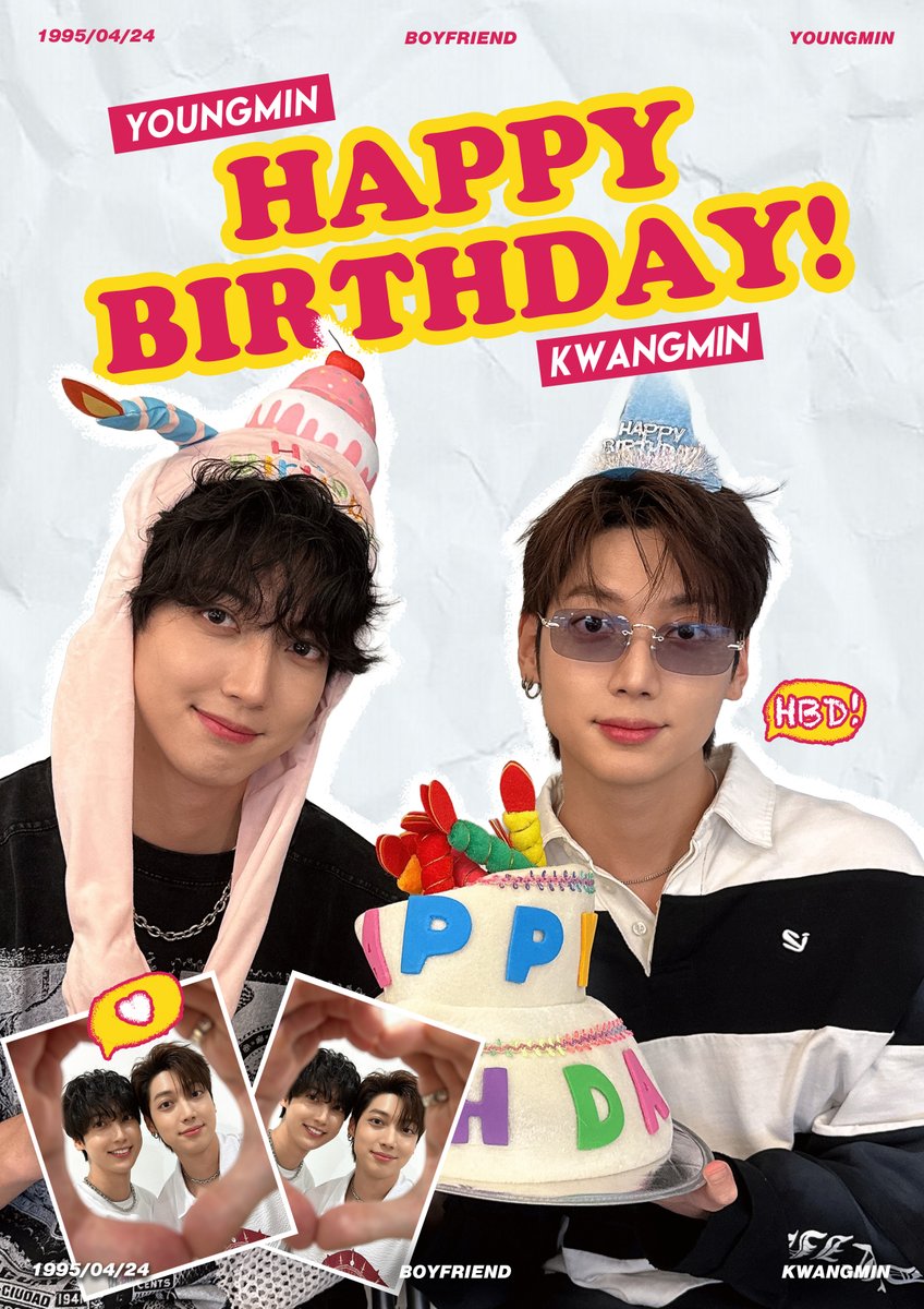 [🎂]

2026.04.24
HAPPY BIRTHDAY YOUNGMIN＆KWANGMIN
ヨンミンとクァンミンの誕生日をお祝いしてください🎉

#BOYFRIEND #보이프렌드
#YOUNGMIN #영민 #ヨンミン
#KWANGMIN #광민 #クァンミン
#HAPPY_YOUNGMIN_DAY
#HAPPY_KWANGMIN_DAY