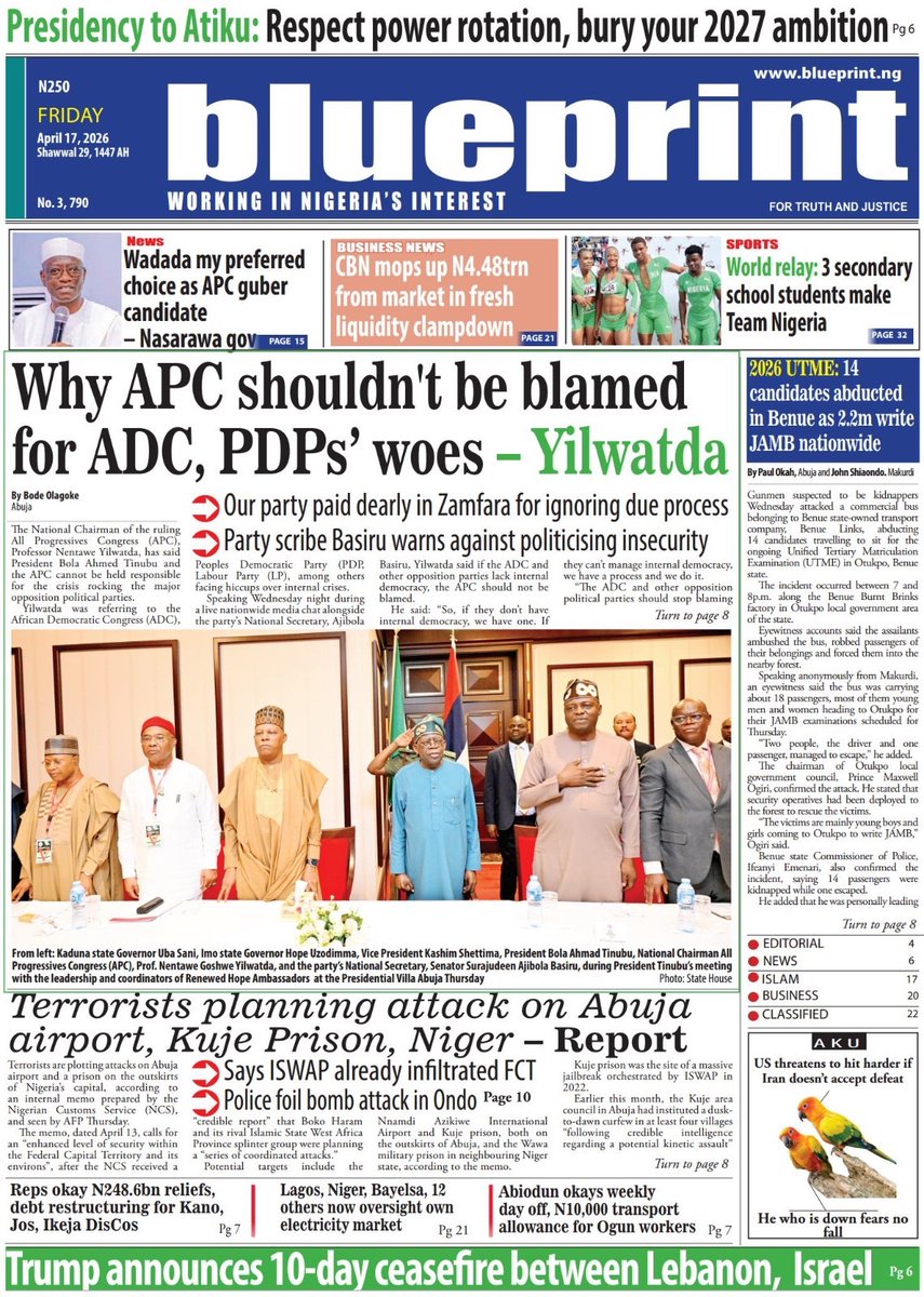 Blueprint_ng's tweet image. #Newspaper front page stories you don’t want to miss today.

From politics to business, security to national headlines, it’s all making waves right now.

Get the full breakdown, deeper insights, and complete reports.

Read the full copy at blueprint.ng