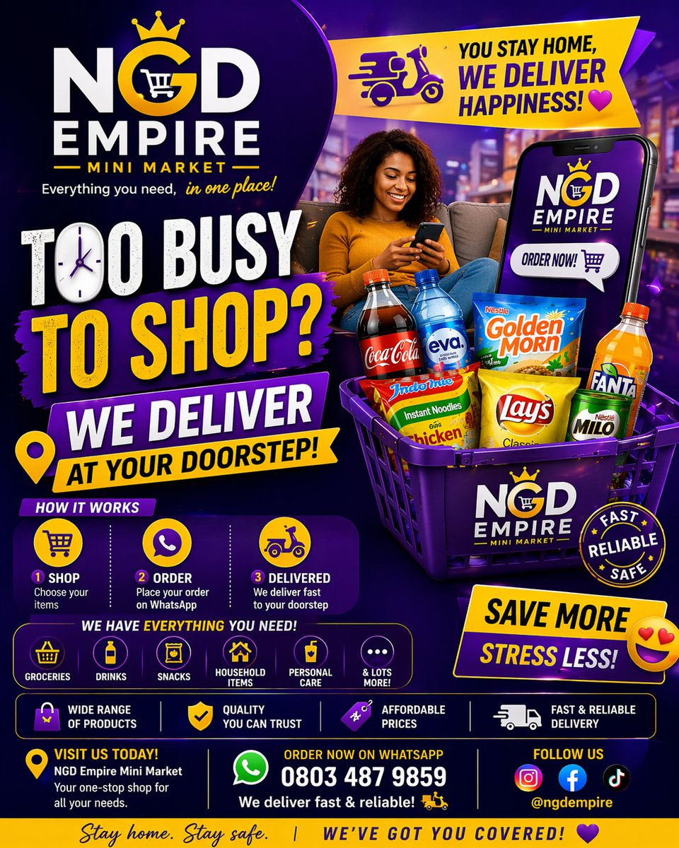 TobiJerry441817's tweet image. Order your groceries, snacks, and essentials from the comfort of your home

📲 Send us a message now: 0803 487 9859

Fast. Reliable. Stress-free.

#NGDEmpire #WeDeliver #LagosBusiness #DoorstepDelivery
