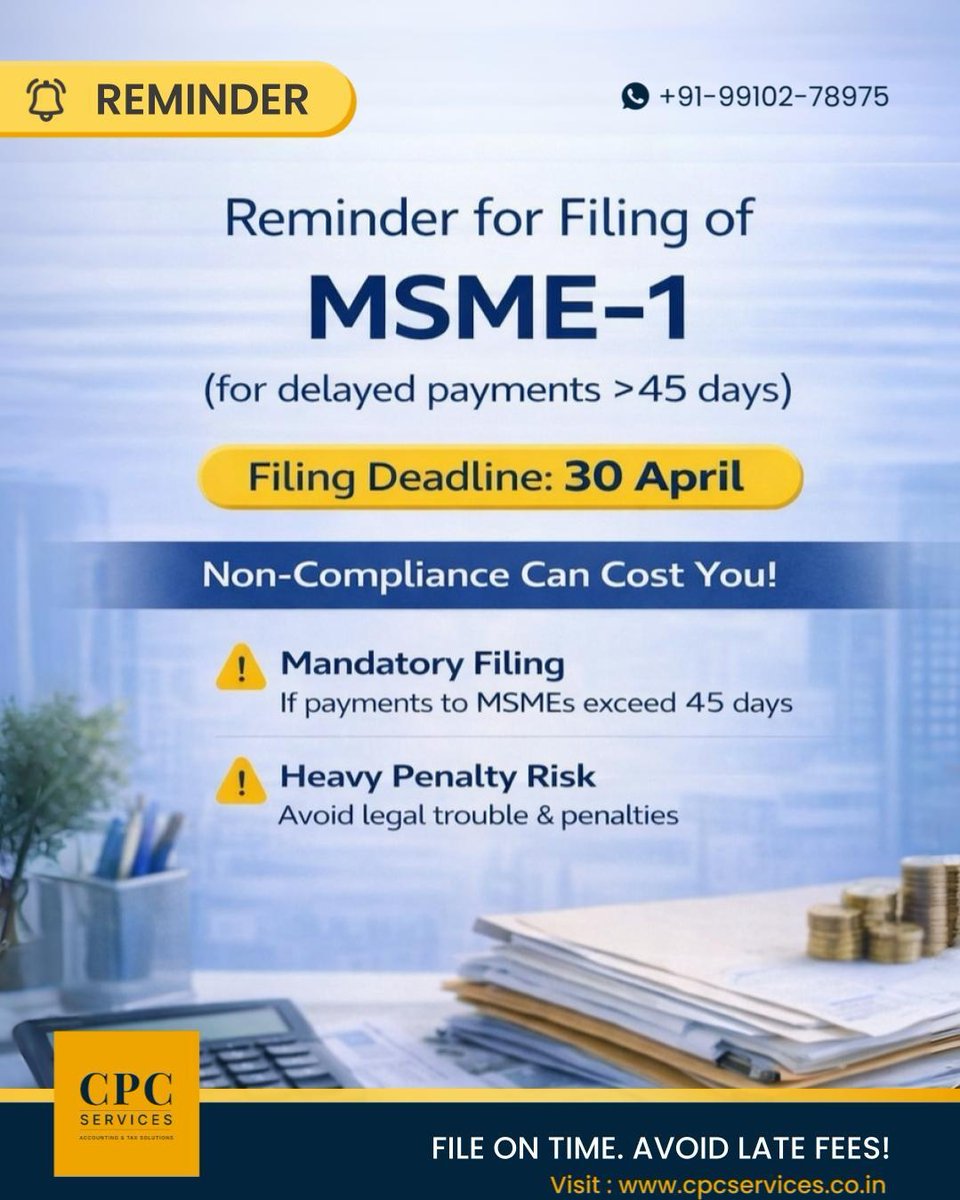 CPCServices1987's tweet image. 🚨 MSME-1 due on 30 April

Delay &amp;gt;45 days to MSMEs?
👉 Filing mandatory

❌ Penalty up to ₹3L
❌ ₹1,000/day risk

✅ Check dues
✅ File on time

🎯 Need help? DM us
.
.
#MSME #Compliance #SMEIndia