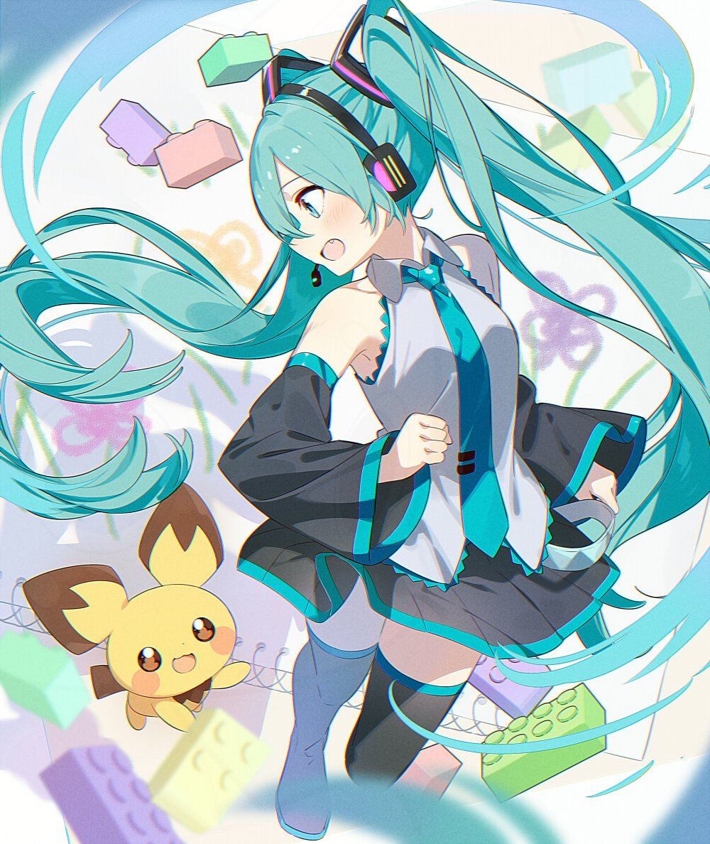 【趣味絵】ポケミクライブのアーカイブ観ました！✨
「電気予報」目当てでしたが「たびのまえ、たびのあと」のピチューがミクさんを追っかけてるのが可愛すぎました🐰💙✨　#ポケミクライブ　#初音ミク