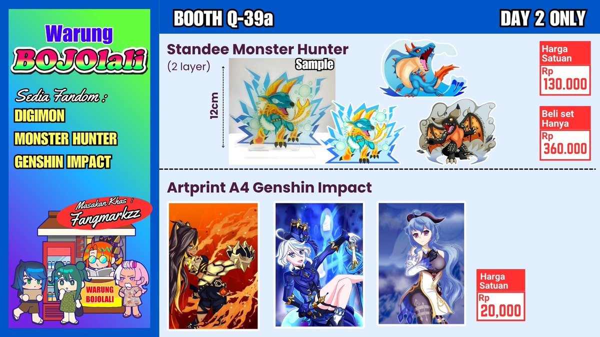 [💙&amp; 🔁 are much appreciated🙏}

My Pre-Orders for #Comifuro22 are open!!

🗓 17 April 2026 - 24 April 2026  
📍Warung BOJOlali, Booth Number Q-39a (Day 2 ONLY)
Pre-Order Link : forms.gle/bBW3VJDNpUng8p…

Fandoms: #Digimon, #MonsterHunter. #GenshinImpact